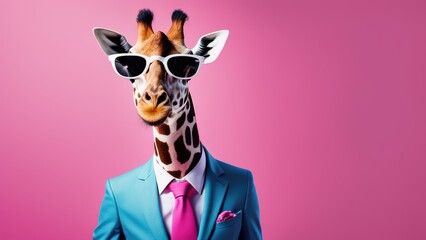 A digitally altered giraffe wearing sunglasses a suit with pink tie and blue jacket.