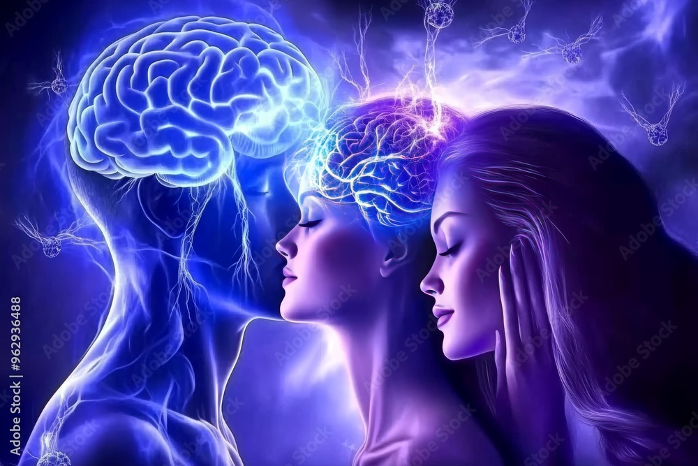 Aufkleber neural cognition synapses futuristic glowing profiles sharing brain energy symbolizing intellectual 