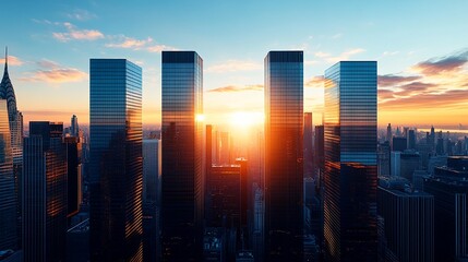 Stunning city skyline at sunset, showcasing modern skyscrapers against a vibrant sky, perfect for urban and architectural themes.
