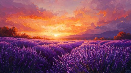 Sunset Over Lavender Field with Mountains in the Background