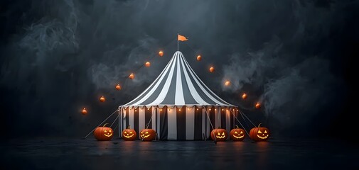 A striped circus tent adorned with orange glowing pumpkins, surrounded by fog. A spooky yet festive ambiance fills the scene, ideal for Halloween. Horrow Halloween