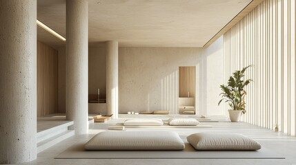 Fototapeta premium Minimalist Concrete and Wood Meditation Room with Cushions