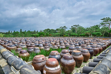 Goseulag, Iksan-si, Jeollabuk-do, South Korea - August 15, 2020: High angle view of crocks for traditional food like red pepper paste and soy sauce