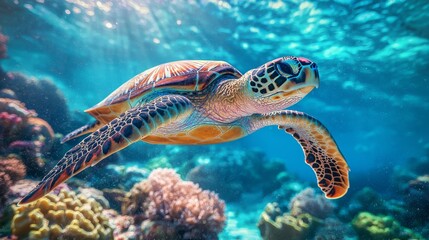 Fototapeta premium Sea Turtle Swimming Through Coral Reef Underwater