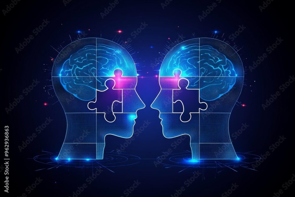 Poster neurobiology synapses abstract illustration of glowing heads with puzzle pieces symbolizing emotiona