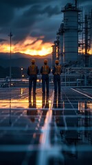 Industrial Workers at Sunset on Solar Panel Platform