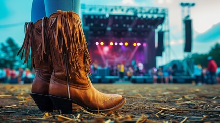 Fototapeta premium A close-up view of brown fringed boots on a festival ground, with a colorful stage in the background. The vibrant setting and unique footwear capture the essence of a lively music event.