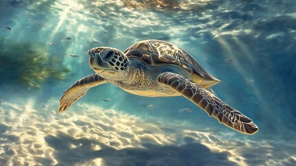 Obraz premium A majestic sea turtle gracefully gliding through crystal-clear water