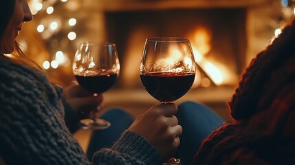 Close up of romantic couple holding two glasses of wine toasting by open wood fireplace celebrating Love happy moments together at cabin in winter holiday vacation and valentines or anniversary.