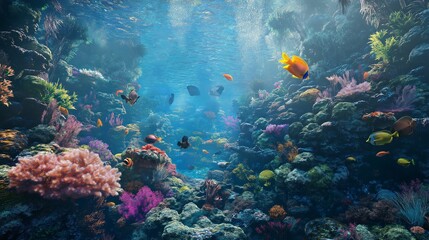 Naklejka premium A Lush Coral Reef Teeming with Exotic Fish and Sea Creatures