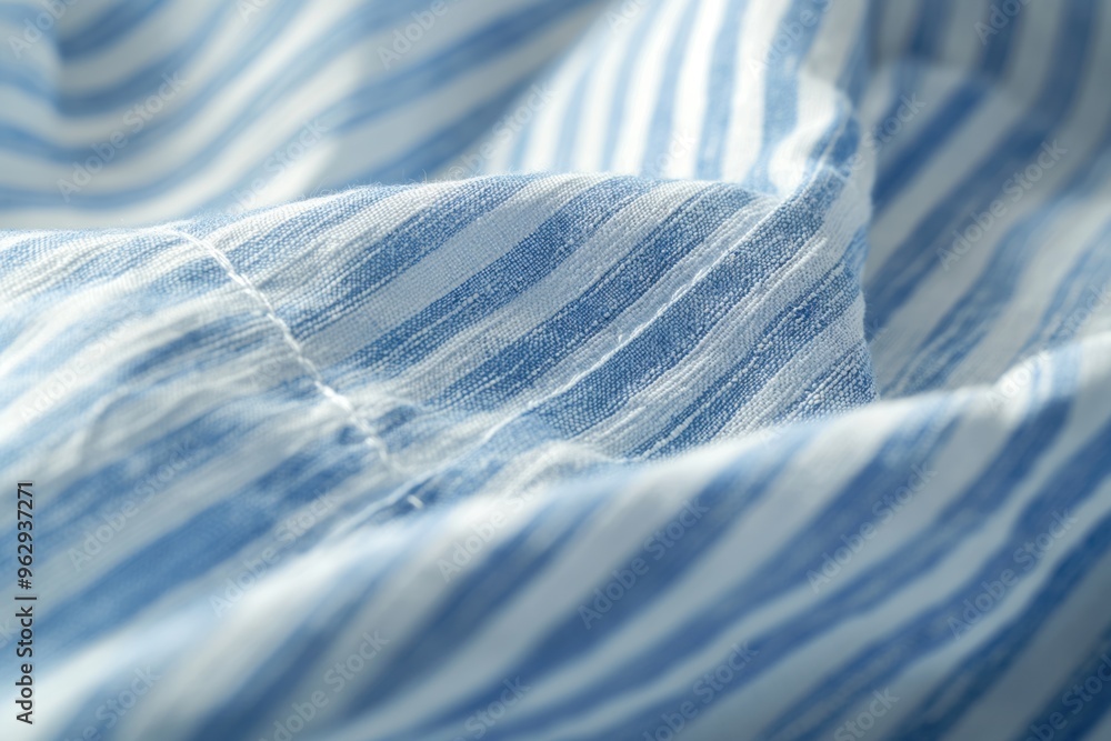 Aufkleber Close-up of blue and white striped fabric with wrinkled texture. Horizontal stripes create visually appealing pattern. Fabric has label on it. Suitable for fashion, textile, or design use.