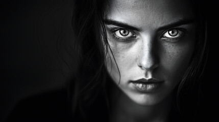 Fototapeta premium Intense Black and White Close-Up Portrait of a Woman with Piercing Eyes