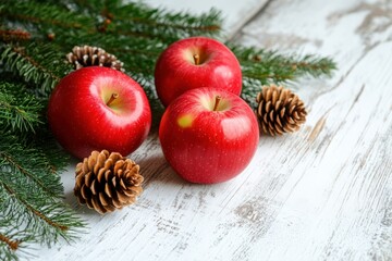 Christmas Apples. Decoration of Apples and Green Fir Cones on White Wooden Background - Powered by Adobe