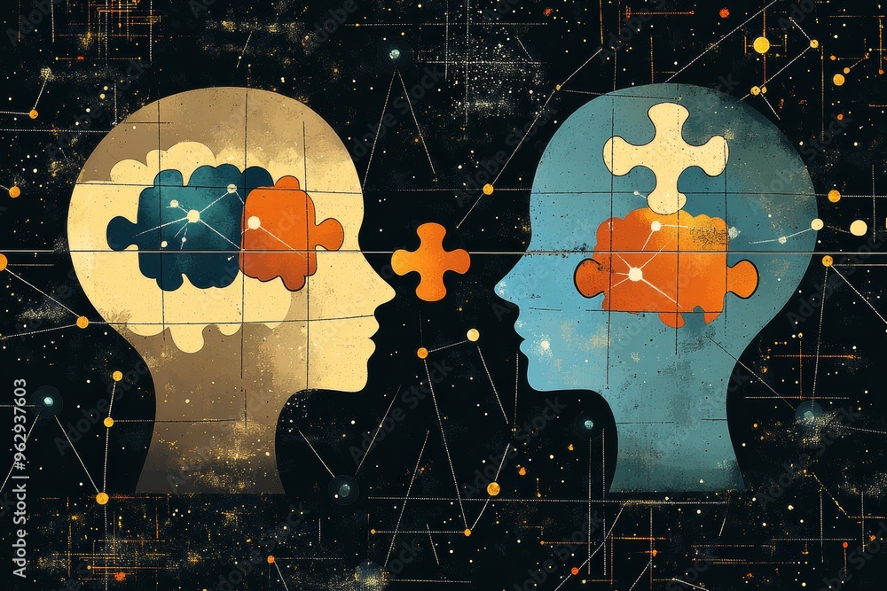 Poster neuropsychology synapses illustration of two connected heads with puzzle pieces symbolizing teamwork