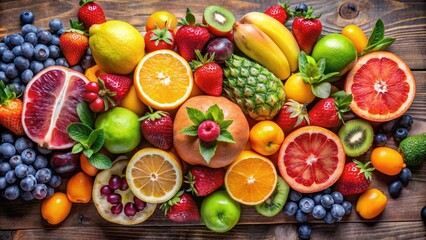 Vibrant fruit arrangement with a variety of colorful fruits, vibrant, fruit, arrangement, colorful, citrus, melon, berries