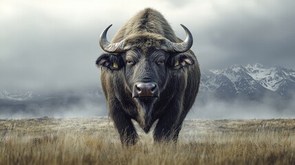 Naklejka premium Majestic Buffalo Standing on Grassy Plain with Mountains in the Distance