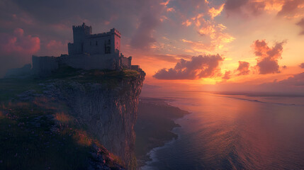 Fototapeta premium a majestic castle perched on a cliff overlooking a vast ocean during a dramatic sunset The Medieval Fortress Town of Pitigliano, Generative Ai