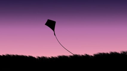 Landscape with flying kite, flat color illustration