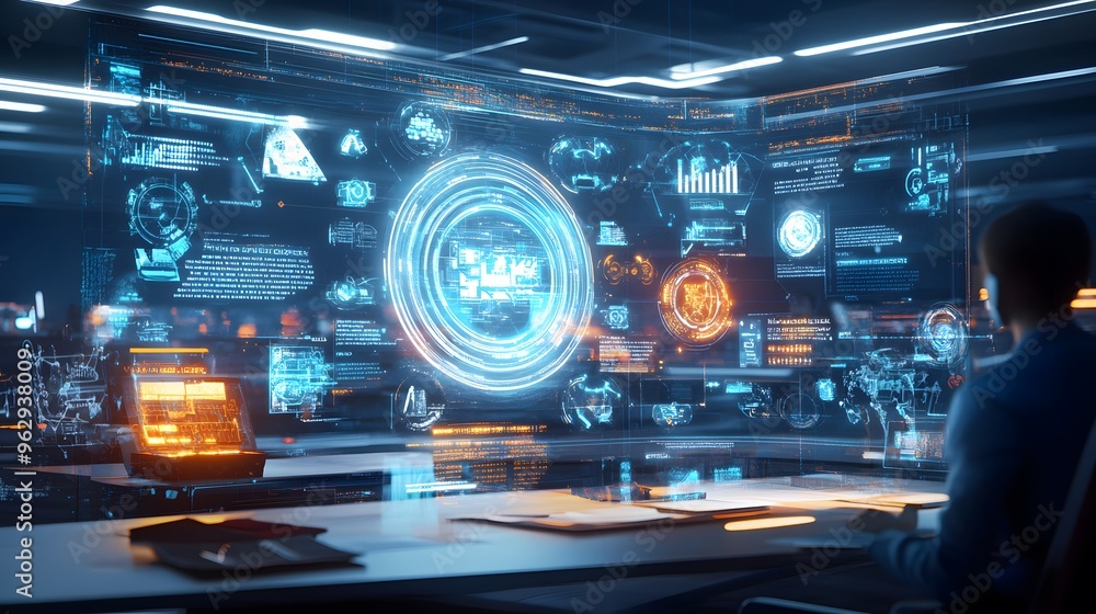 Poster futuristic interface with a man working.