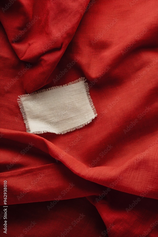 Poster close-up view of red fabric with white patch on left side. frayed edges add vintage charm. blurred b