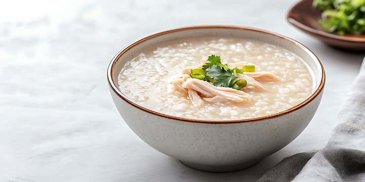 A simple and clean image of a bowl of congee with shredded chicken, presented on a plain white background, with plenty of space left for text or branding.