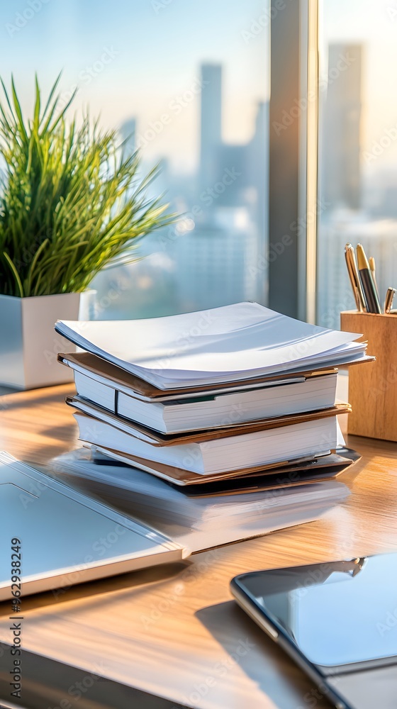Poster stack of paperwork on a desk by a window.