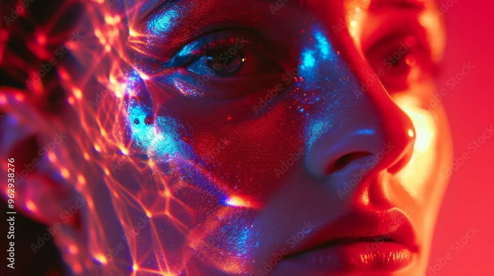 Poster a close-up of a face bathed in neon light reflections, showcasing a mix of blue and red hues. the im