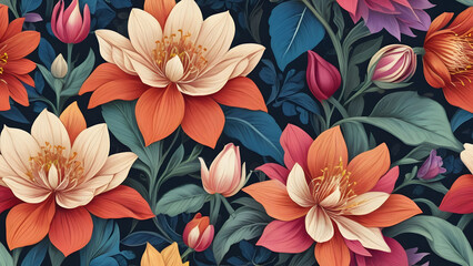 Floral Pattern  Seamless Background   Flowers  Green Leaves   Dark Background   Vintage Style