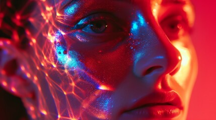A close-up of a face bathed in neon light reflections, showcasing a mix of blue and red hues. The image captures the intricate details and glowing patterns, creating a futuristic and captivating