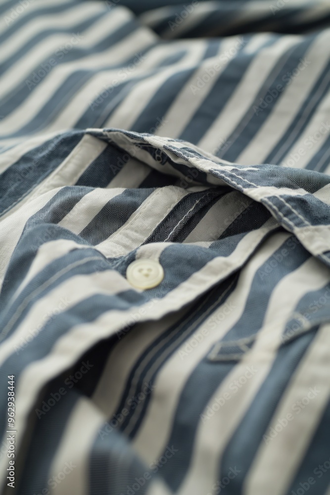 Poster neatly folded blue striped shirt with white button on left side. soft fabric and blurred background 