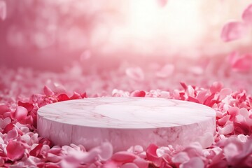 A smooth marble podium placed in a sea of red petals, creating a luxurious and romantic atmosphere. Suitable for beauty or wellness-themed products. High quality illustration.