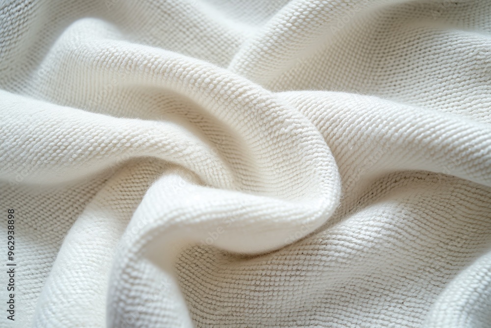 Poster White fabric close-up shows unique texture with small circular holes. Fabric folds create movement and dynamic composition. Blurred background highlights intricate details.
