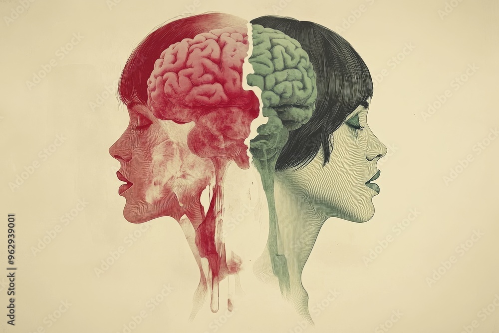 Poster brain science synapses side profile of two faces with colorful brains symbolizing mental conflict em