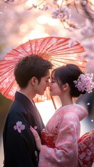 Young Asian Japanese couple in traditional Yukata kissing under sakura tree in Kyoto,kimono dress, among red wooden Tori Gate,Tokyo during full bloom cherry blossom season,honeymoon,date time.