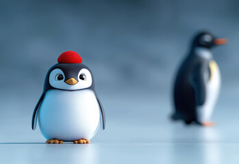 Fototapeta premium Cute Penguin with Red Beanie Standing on Ice