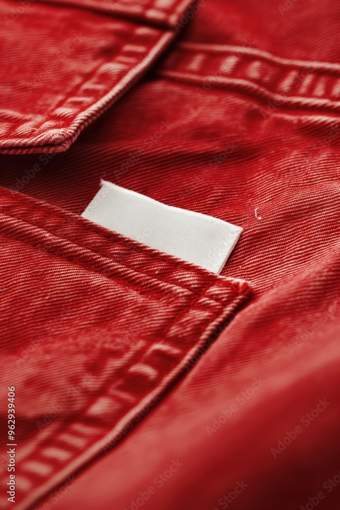 Poster red denim jacket with white label on left side and small tag on right. close-up view of fabric textu