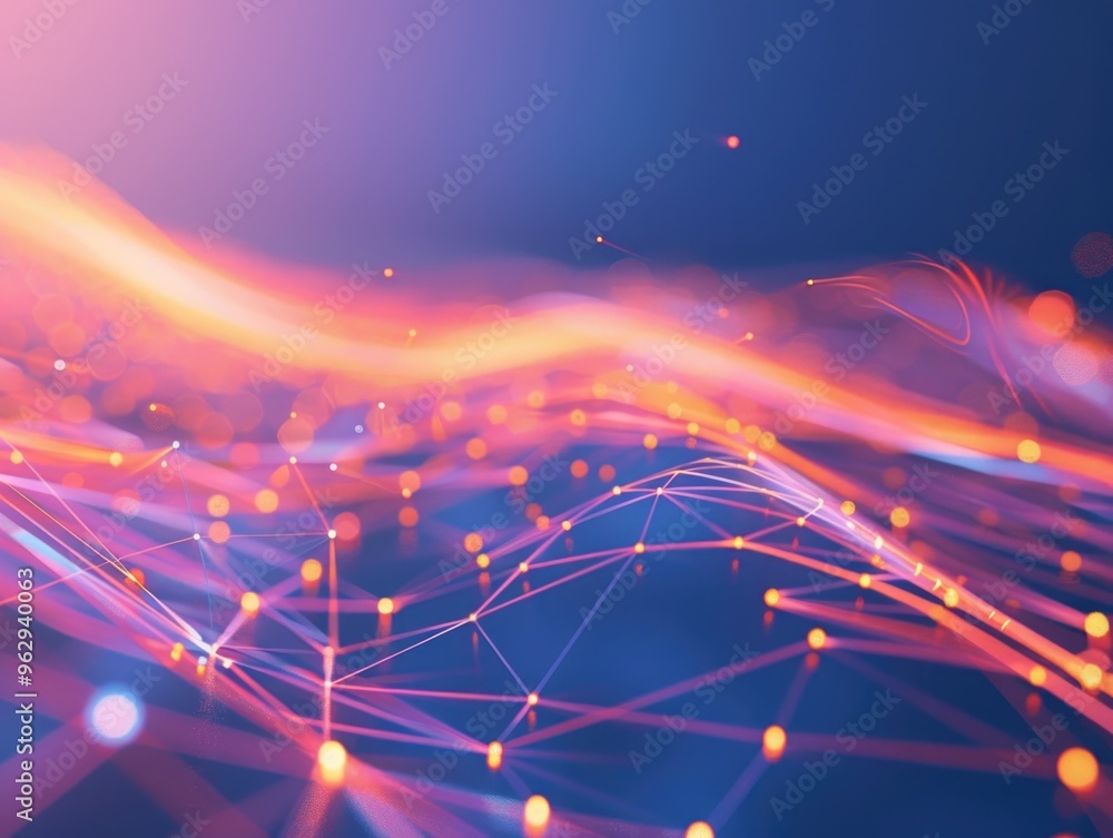 Poster a colorful, abstract image of a wave with many lines and dots. the image has a futuristic, technolog