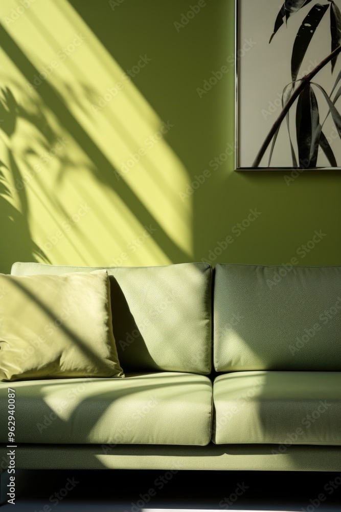 Poster a green couch is sitting in a room with a green wall. the couch is positioned in front of a window, 