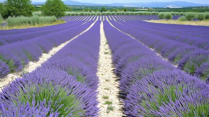 Obraz premium A field of lavender flowers with rows of purple blooms stretching into the distance