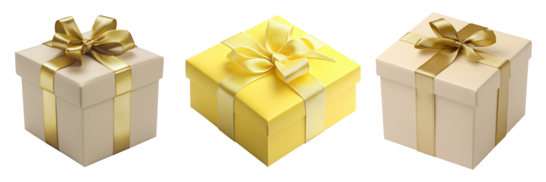 Collection of three gift boxes with ribbons isolated on transparent background