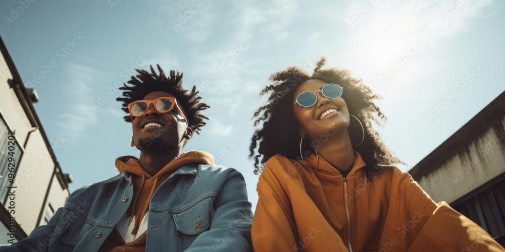 Wall mural two people wearing sunglasses and smiling at the camera. the woman is wearing a yellow jacket. scene