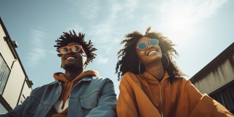 Fototapeta premium Two people wearing sunglasses and smiling at the camera. The woman is wearing a yellow jacket. Scene is happy and carefree