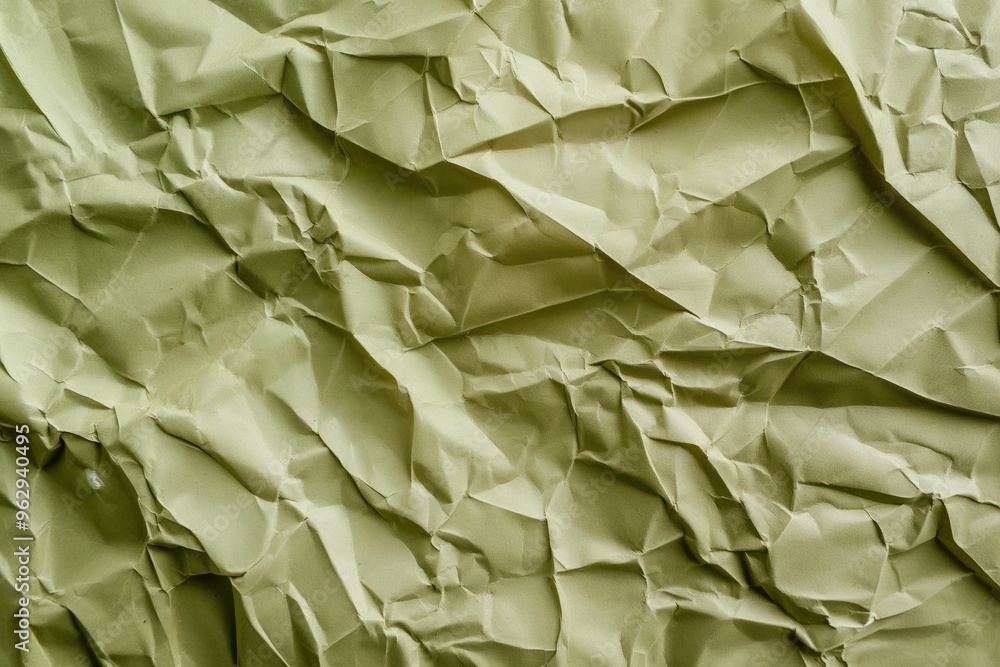 Poster crumpled light green paper with rough texture, curled edges. close-up view of folded and creased pos
