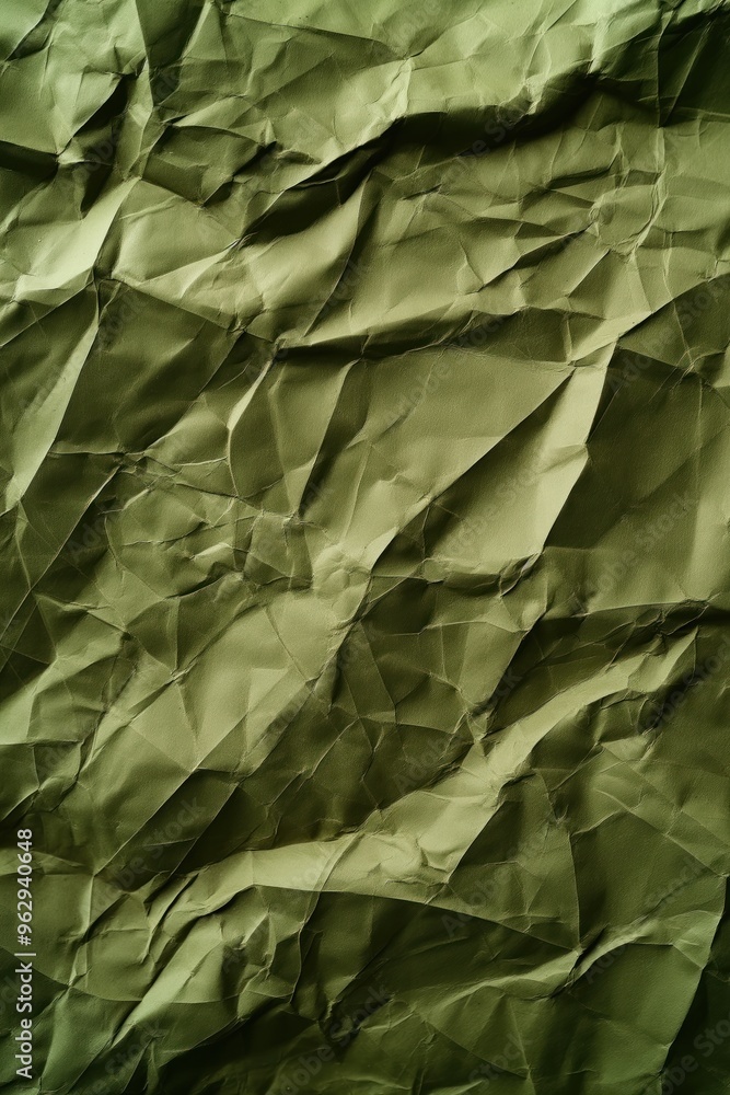 Poster crumpled dark green paper texture with intricate folds. close-up view of creased, curled edges. for 