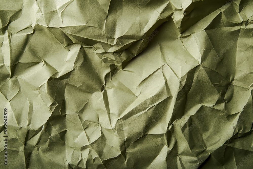 Poster Crumpled paper texture close-up. Folded green paper surface with intricate creases. Blurred background highlights paper textured design. Perfect for eco-friendly or tech-related designs.