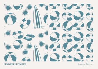 Hand drawn summer seamless pattern with flip flop, surfboard, sunglass and beach element