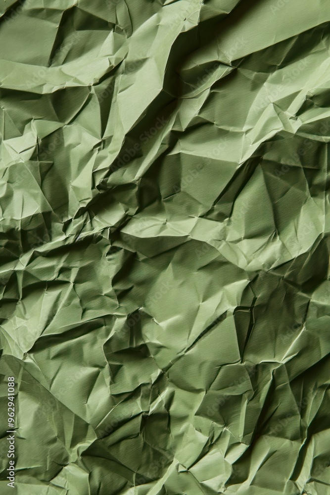 Poster crumpled green paper texture background with rough uneven surface. close-up view of folded and creas
