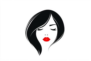 A portrait of a woman with long black hair and striking red lips, captured in a minimalist style with closed eyes, showcasing beauty and elegance