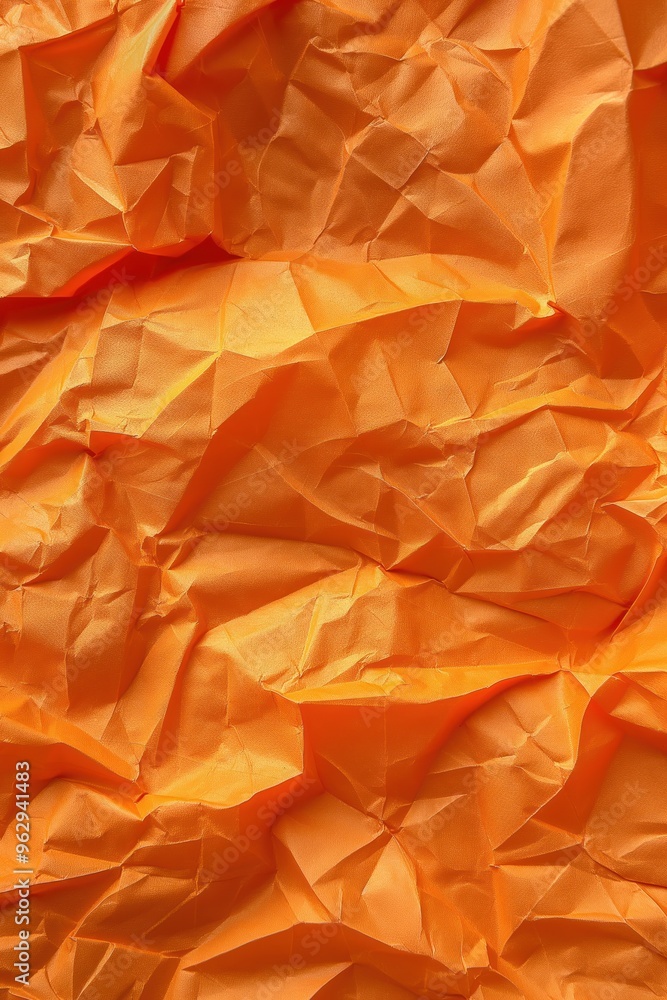 Poster Crumpled orange paper texture with white lines, folded and creased background. Disarrayed paper surface with overlapping folds and lines. Perfect for design, art, and creative projects.