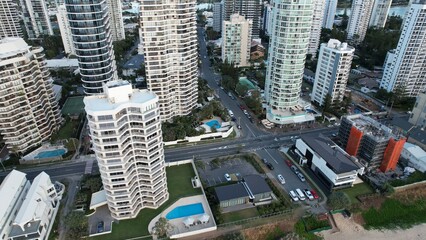 aerial view of apartments and buildings along Main beach, Gold Coast, QLD.